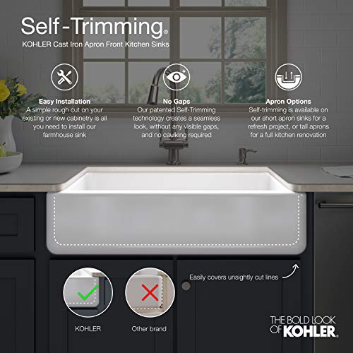 KOHLER K-6487-0 Whitehaven Farmhouse Self-Trimming 29-11/16" x 21-9/16" x 9-5/8" Front Undermount Single-Bowl Kitchen Sink with Tall Apron, 30 Inch, White