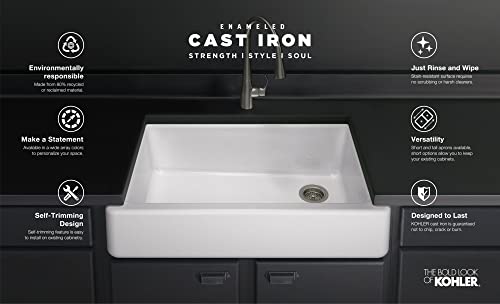 KOHLER K-6487-0 Whitehaven Farmhouse Self-Trimming 29-11/16" x 21-9/16" x 9-5/8" Front Undermount Single-Bowl Kitchen Sink with Tall Apron, 30 Inch, White