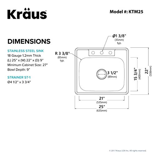 Kraus KTM25 25 inch Topmount Single Bowl 18 gauge Stainless Steel Kitchen Sink
