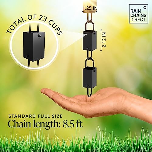 Rain Chains Direct - Square Link Rain Chain - 8.5 FT - Durable Black Powder-Coated Aluminum - Premium Rain Chains for Gutters