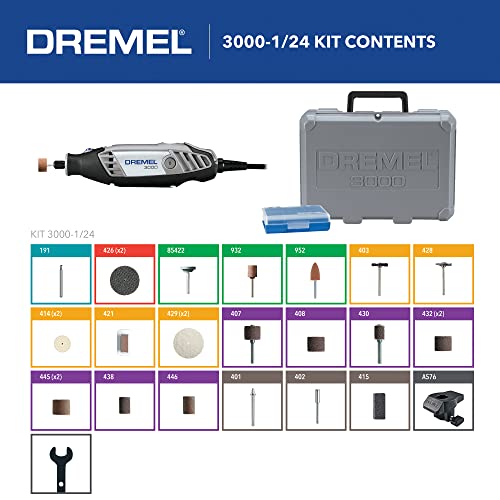 Dremel 3000-1/24 Variable Speed Rotary Tool Kit - 1 Attachment & 24 Accessories, Ideal for Variety of Crafting and DIY Projects – Cutting, Sanding, Grinding, Polishing, Drilling, Engraving