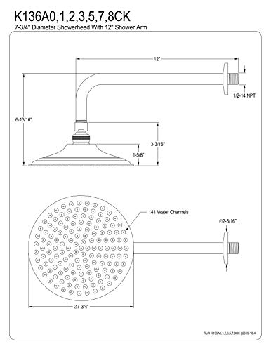 Kingston Brass K136A5CK Victorian 8-inch Diameter Brass Showerhead with 12-inch Shower Arm, Oil Rubbed Bronze