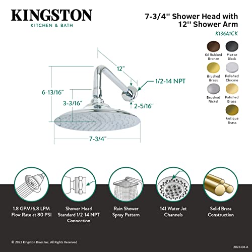 Kingston Brass K136A5CK Victorian 8-inch Diameter Brass Showerhead with 12-inch Shower Arm, Oil Rubbed Bronze