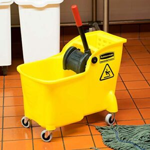 Rubbermaid Commercial Products, Mop Bucket with Wringer on Wheels, Heavy Duty All-in-One Tandem Mopping Bucket, Yellow, 31 Quart (FG738000YEL)