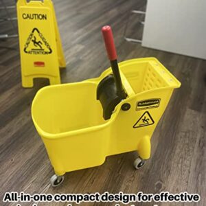 Rubbermaid Commercial Products, Mop Bucket with Wringer on Wheels, Heavy Duty All-in-One Tandem Mopping Bucket, Yellow, 31 Quart (FG738000YEL)