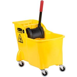 Rubbermaid Commercial Products, Mop Bucket with Wringer on Wheels, Heavy Duty All-in-One Tandem Mopping Bucket, Yellow, 31 Quart (FG738000YEL)