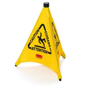 rubbermaid commercial products multilingual "wet floor" pop-up floor cone, 20-inch, yellow, warning sign for grocery stores/office/restaurant/malls