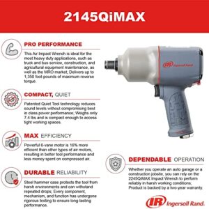 Ingersoll Rand 2145QiMAX 3/4” Drive Air Impact Wrench – Quiet Technology, 1,350 ft-lbs Powerful Reverse Torque Output, 7 Vane Motor, Steel Hammer Case, Gray