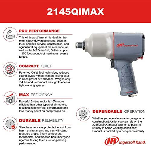 Ingersoll Rand 2145QiMAX 3/4” Drive Air Impact Wrench – Quiet Technology, 1,350 ft-lbs Powerful Reverse Torque Output, 7 Vane Motor, Steel Hammer Case, Gray