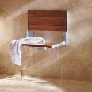 Moen Bath Safety Furniture Wood Home Care Teak Wood Aluminum Folding Shower Seat, Wall Mounted Shower Bench, DN7110