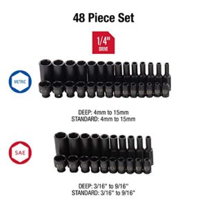 Sunex 1848, 1/4 Inch Drive Master Impact Socket Set, 48-Piece, SAE/Metric, 3/16 Inch - 9/16 Inch, 4mm - 15mm, Standard/Deep, Cr-Mo Alloy Steel, Radius Corner Design, Heavy Duty Storage Case