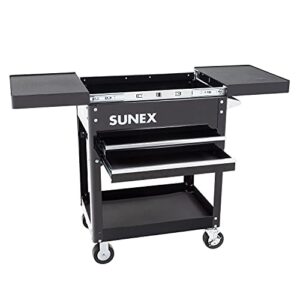 sunex 8035 black compact slide utility cart, locking slide top, swivel/locking casters, 18 gauge steel, latching drawers, 450-pound capacity