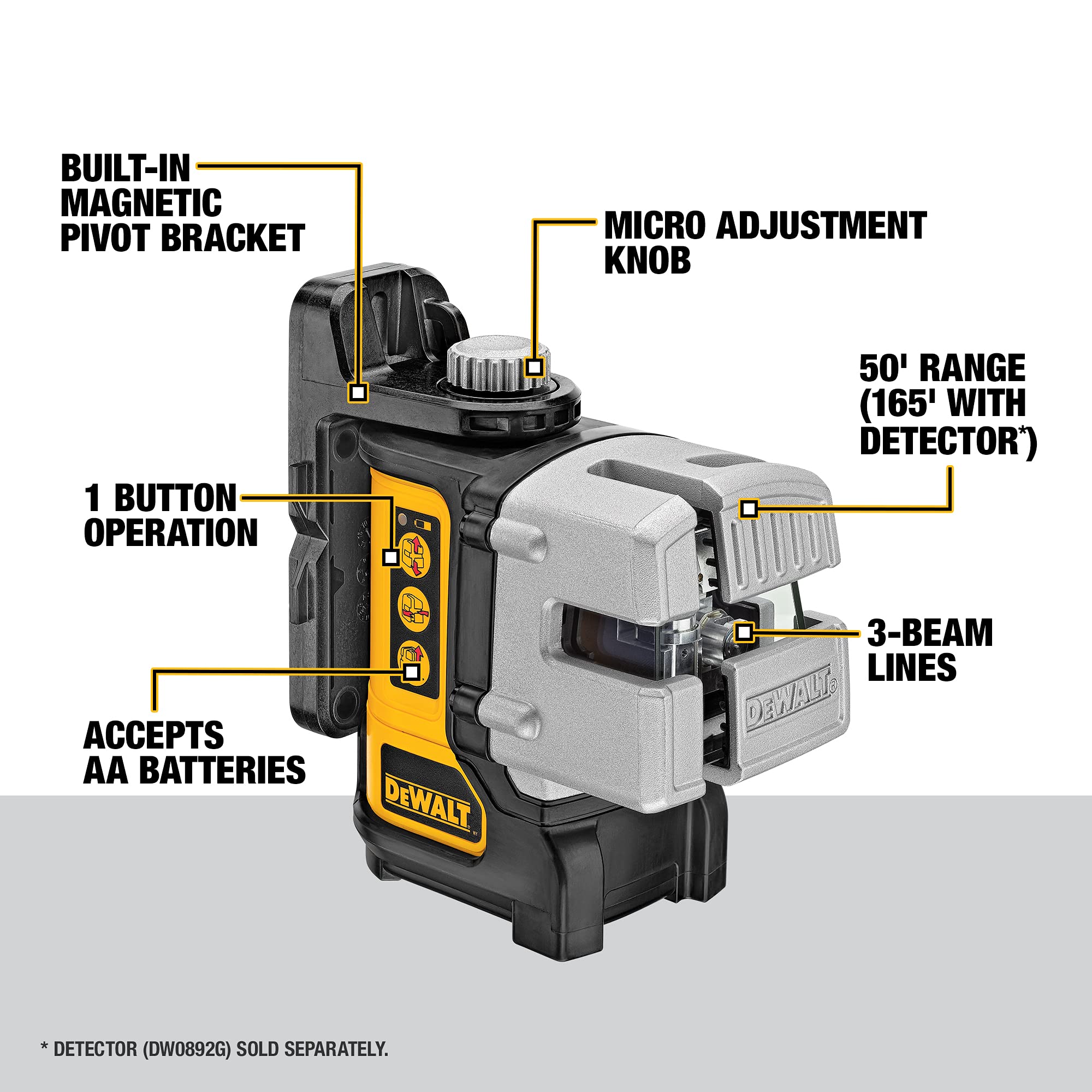 DEWALT Line Laser, Self-Leveling, Red, 3-Beam (DW089K)