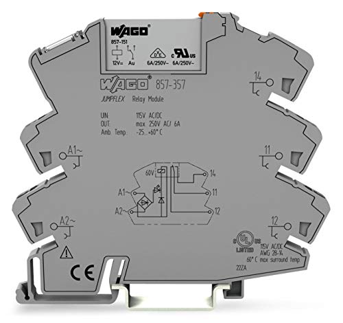 WAGO 857-357 LIMITING Continuous Current: 6 A, Module Width: 6 MM, 1 Changeover Contact, Gray, Nominal Input Voltage: 115 V AC/DC, Relay Module, Yellow Status Indicator, 2;50 MM