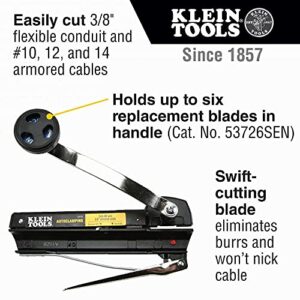 Klein Tools 53725 Armored and BX Cable Cutter, Cuts Up to 3/8 Inch Armored Cable-BX-AC-MC-MCAP-Greenfield, With Storage and Extra Blades