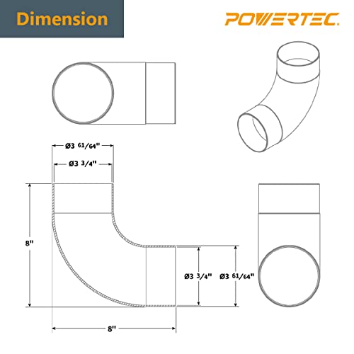 POWERTEC 70105 4" Elbow Dust Hose Connector, Black, 4", 90 Degree Elbow