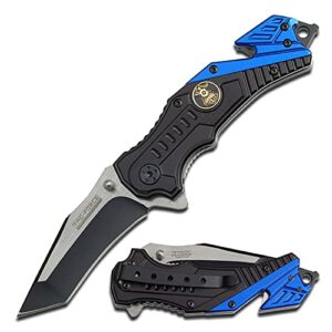 tac force tf-640pd assisted opening folding knife, two-tone tanto blade, black/blue handle with police medallion, 4-1/2-inch closed