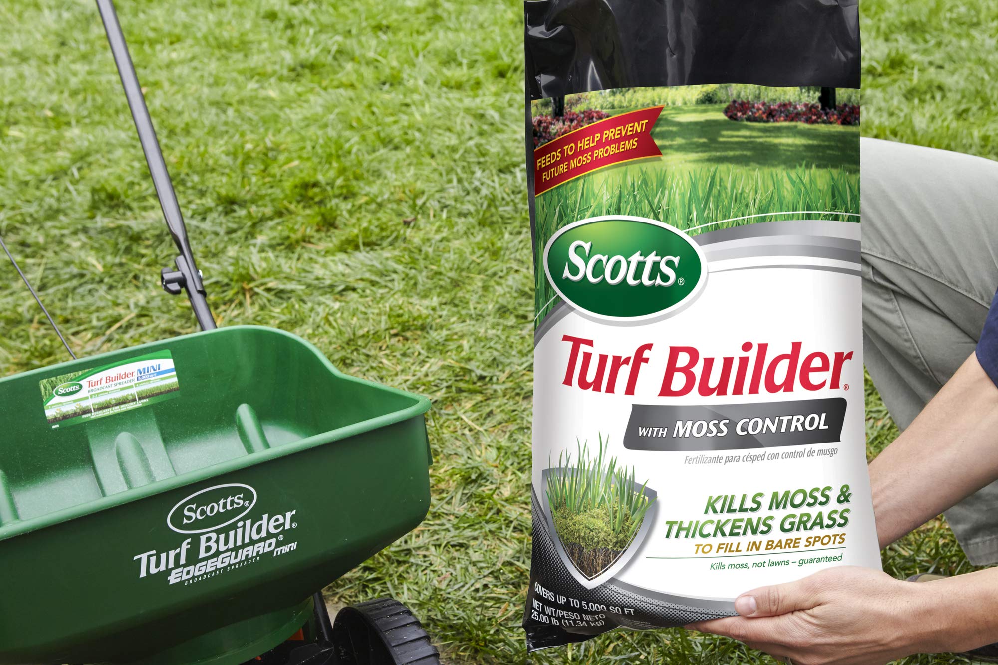 Scotts Turf Builder with Moss Control, Moss Killer and Lawn Fertilizer, Covers Up to 5,000 sq. ft., 25 lbs.