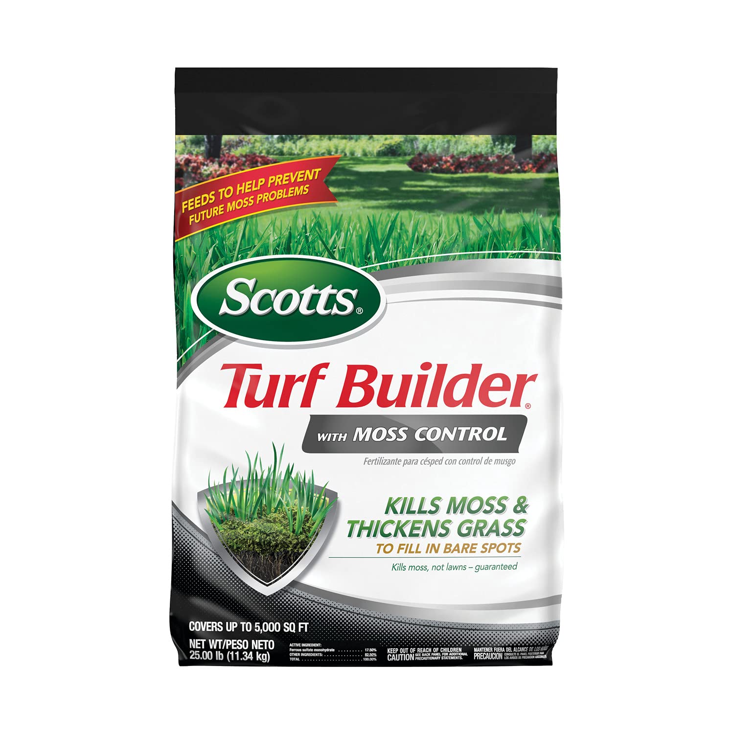 Scotts Turf Builder with Moss Control, Moss Killer and Lawn Fertilizer, Covers Up to 5,000 sq. ft., 25 lbs.