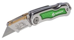greenlee 0652-22 8.9" folding utility knife with retractable 3-position serrated blade, silver/green