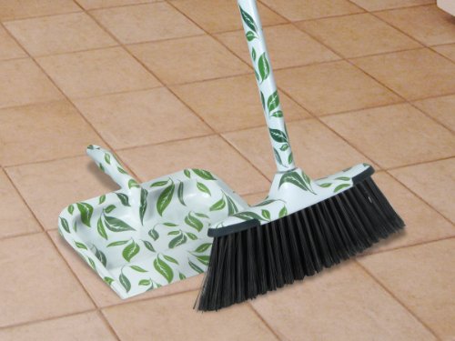 Superio Broom and Dustpan Set Leaf Design Print, Durable Home and Kitchen Broom With A Matching Dust Pan, Durable Material Heavy Duty