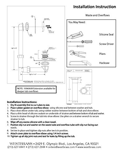 Westbrass 593144-62 Black 1-1/2" Tubular Tip Toe Bath Waste Drain Kit, Matte Black ,Pack of 1