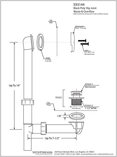 Westbrass 593144-62 Black 1-1/2" Tubular Tip Toe Bath Waste Drain Kit, Matte Black ,Pack of 1