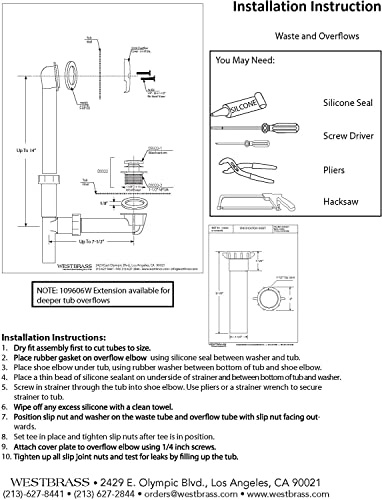 Westbrass 593244-07 14" x 1-1/2" White Tubular Bathtub Waste & Overflow Assembly with Tip-Toe Drain Plug and 2-Hole Faceplate, 1-Pack, Satin Nickel