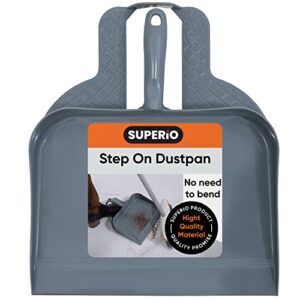 superio heavy duty plastic step-on dustpan with comfort grip handle grey, durable, lightweight multi surface dust pan easy broom sweeping, 10-inch wide, 1-pack
