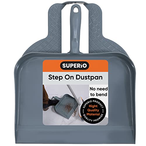 Superio Heavy Duty Plastic Step-on Dustpan with Comfort Grip Handle Grey, Durable, Lightweight Multi Surface Dust Pan Easy Broom Sweeping, 10-inch Wide, 1-Pack