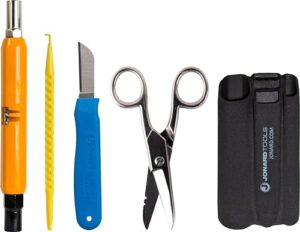 jonard tools tk-50 5 piece telecom installer kit with can wrench, splicing knife, scissors, probe pick, and tool pouch