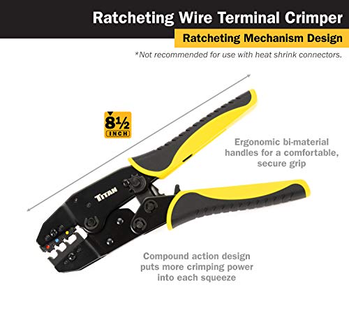 TITAN 11477 Ratcheting Wire Terminal Crimper Tool for Insulated Terminals, Fixed Jaw Crimper