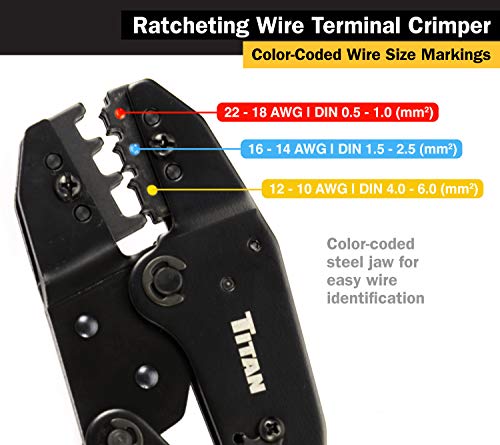 TITAN 11477 Ratcheting Wire Terminal Crimper Tool for Insulated Terminals, Fixed Jaw Crimper