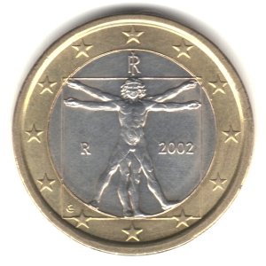 2002 italy bi-metallic 1 euro coin km#216 - leonardo da vinci vitruvian man