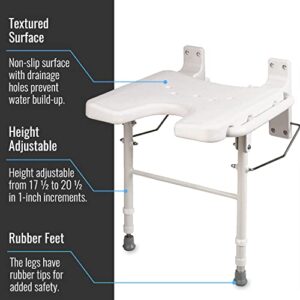 HealthSmart Wall Mount Fold Away Bath Chair Shower Seat Bench with Adjustable Legs, FSA and HSA Eligible, Seat 16 x 16 Inches, White