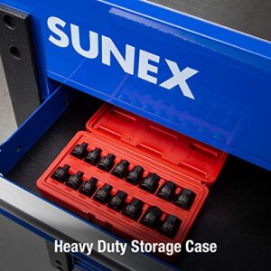 Sunex 3646, 3/8 Inch Drive Low Profile Impact Hex Driver Set, 16-Piece, SAE/Metric, 1/4 Inch - 3/4 Inch, 6mm - 19mm, Cr-Mo Steel, Dual Size Markings, Heavy Duty Storage Case, Meets ANSI Standards