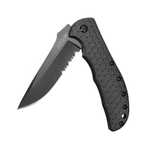 kershaw volt ii black serrated pocketknife, 3.25" 8cr13mov steel drop point blade, assisted opening folding edc, liner lock system