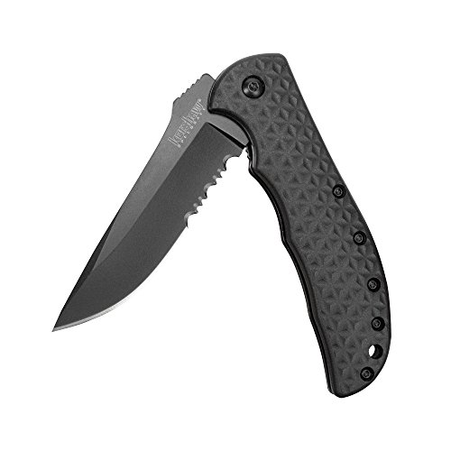 Kershaw Volt II Black Serrated Pocketknife, 3.25" 8Cr13MoV Steel Drop Point Blade, assisted opening Folding EDC, Liner Lock System