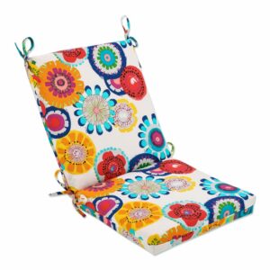 pillow perfect bright floral indoor/outdoor solid back 1 piece square corner chair cushion with ties, deep seat, weather, and fade resistant, 36.5" x 18", blue/ivory crosby, 1 count