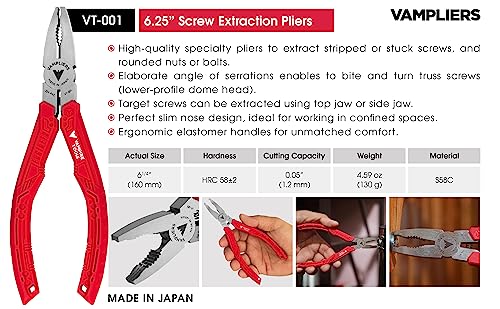 VAMPLIERS 6.25" Screw Extraction Multipurpose Pliers with Unique Non-Slip Jaws. Patented Stripped Screw Remover Tool. Effeciently extracts any damaged or rusted screws/fasteners. Made in Japan: VT-001