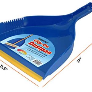 Superio Clip-On Dustpan - Heavy Duty Blue Plastic, Easy Grip Clip On Dust Pan with Rubber Edge, Detailed Sweeping Debris, Fits Standard Brooms Home & Commercial Dusting & Cleaning Tool (1)