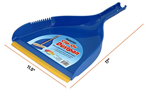 Superio Clip-On Dustpan - Heavy Duty Blue Plastic, Easy Grip Clip On Dust Pan with Rubber Edge, Detailed Sweeping Debris, Fits Standard Brooms Home & Commercial Dusting & Cleaning Tool (1)