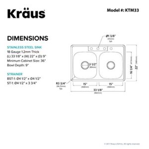 Kraus KTM33 33 inch Topmount 50/50 Double Bowl 18 gauge Stainless Steel Kitchen Sink