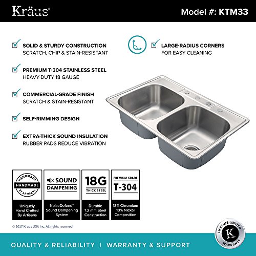 Kraus KTM33 33 inch Topmount 50/50 Double Bowl 18 gauge Stainless Steel Kitchen Sink