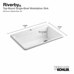 KOHLER 5871-1A2-0 Riverby Top-Mount Single-Bowl Workstation Kitchen Sink with Accessories, 33" L, White