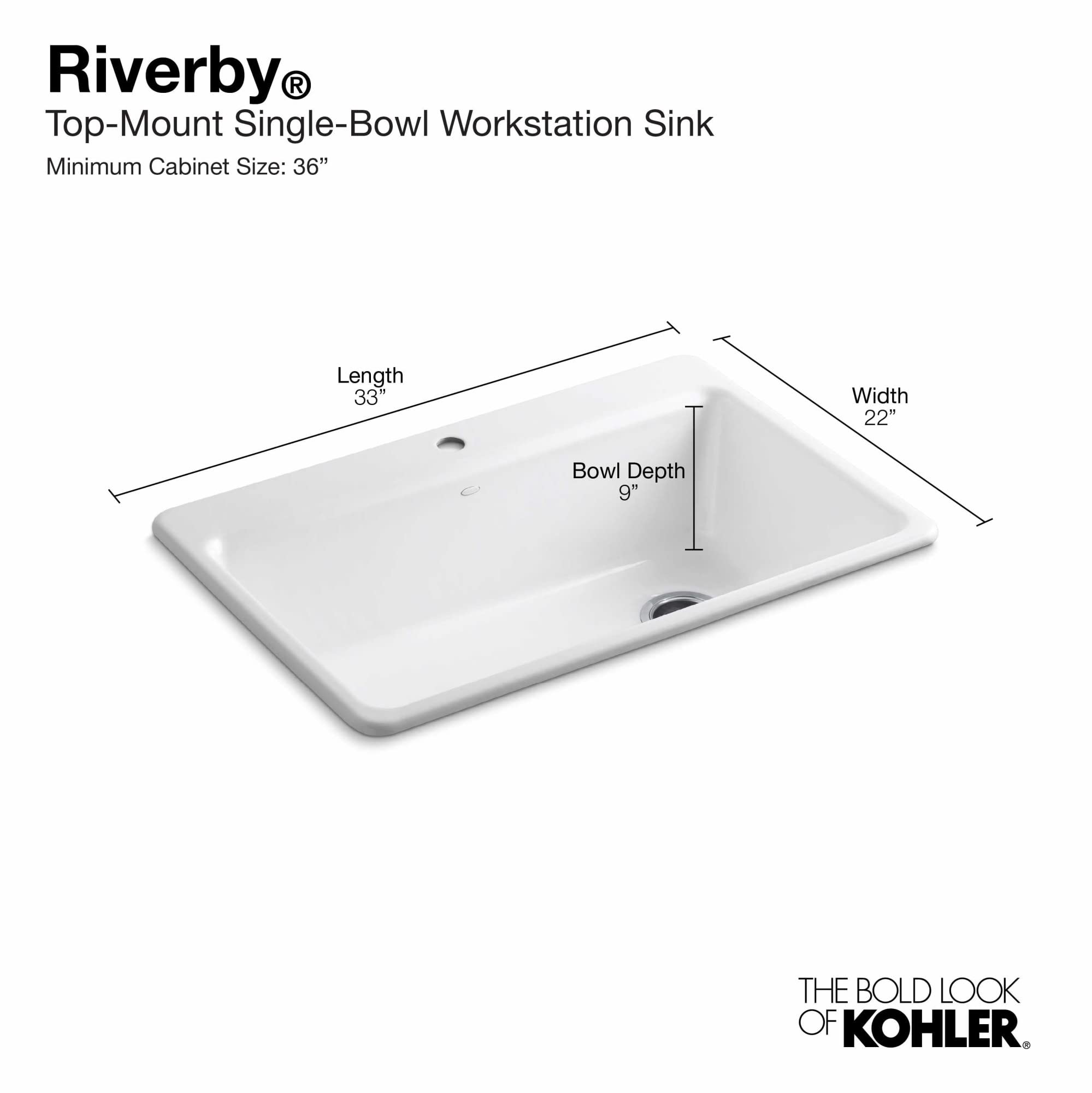 KOHLER 5871-1A2-0 Riverby Top-Mount Single-Bowl Workstation Kitchen Sink with Accessories, 33" L, White