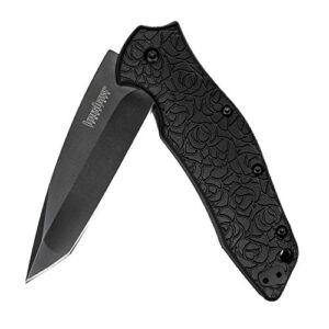 kershaw kuro tanto black serrated pocket knife, 3.1” steel blade with assisted opening, glass-filled nylon handle with deep-carry pocketclip, small folding knife