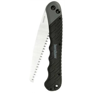 kershaw taskmaster folding saw (2555x); for camping and hunting with serrated high performance 7 in. steel blade, lock button release and glass-filled nylon handle with rubber overlay