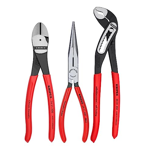 KNIPEX Tools 00 20 08 US1 Long Nose, Diagonal Cutter, and Alligator Pliers 3-Piece Tool Set, Red (Packaging May Vary)