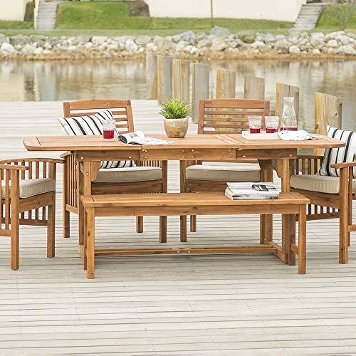 Walker Edison Maui Modern 6 Piece Solid Acacia Wood Slatted Outdoor Dining Set, Set of 6, Brown